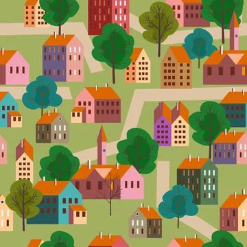 Seamless pattern old city, minimal flat style. Autumn landscape city 스톡 일러스트