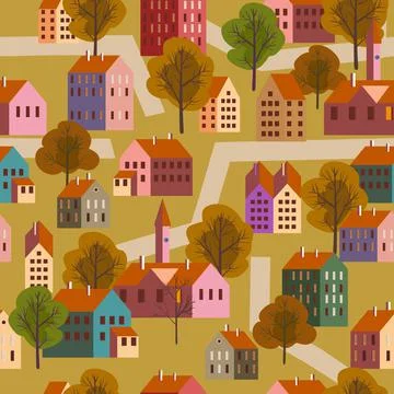 Seamless pattern old city, minimal flat style. Autumn landscape city 스톡 일러스트
