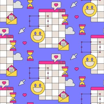 Seamless pattern with old computer windows, clouds, smiling emoji and computer Stock Illustration