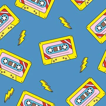 Seamless pattern with old fashioned cassette, doodle style flat vector 스톡 일러스트