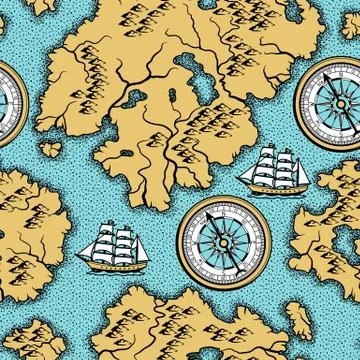 Seamless pattern with old nautical map. Illustrazione stock