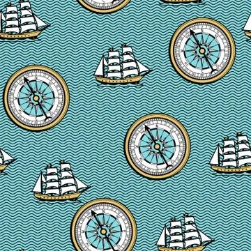 Seamless pattern with old nautical map. Stock Illustration