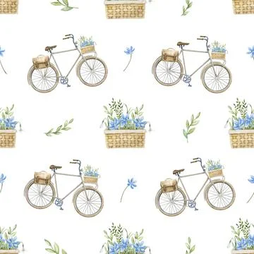 Seamless Pattern with old retro city Bicycle and blue watercolor Flowers. Hand Stock Illustration