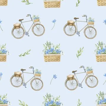 Seamless Pattern with old retro city Bicycle and watercolor Flowers isolated on Stock Illustration