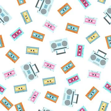 Seamless pattern with old school stereo radio cassete player and audio mixtap Stock Illustration