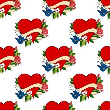 Seamless pattern in old school tattoo style. Stock Illustration