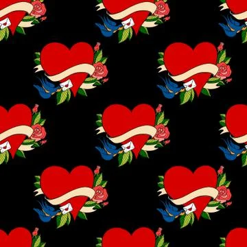 Seamless pattern in old school tattoo style. Stock Illustration