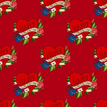 Seamless pattern in old school tattoo style. 스톡 일러스트