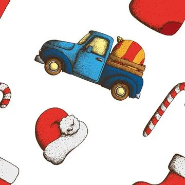 Seamless pattern. Old vintage pick up truck and Christmas symbols Stock Illustration