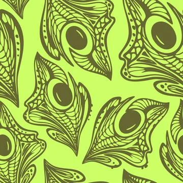 Seamless pattern of olive abstract decorative elements on green background,.. Stock Illustration