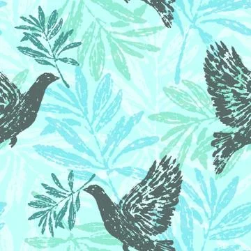 Seamless pattern with olive branches and pigeons Stock Illustration