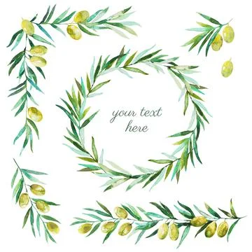 Seamless pattern with olive branches and olives. Watercolor hand drawing Stock Illustration