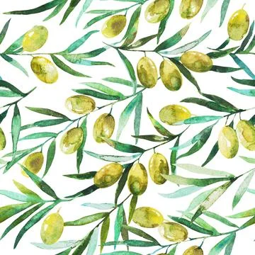 Seamless pattern with olive branches and olives. Watercolor hand drawing Illustrazione stock