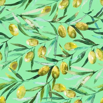 Seamless pattern with olive branches and olives. Watercolor hand drawing Stock Illustration