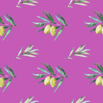 Seamless pattern with olive branches and olives. Watercolor hand drawing Illustrazione stock