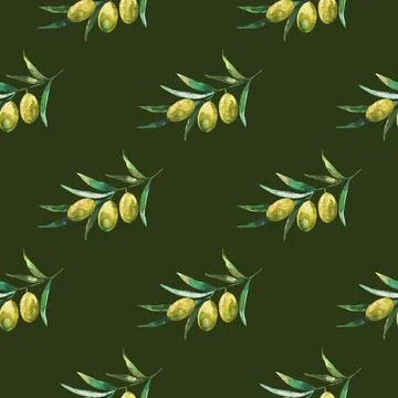 Seamless pattern with olive branches and olives. Watercolor hand drawing Stock Illustration