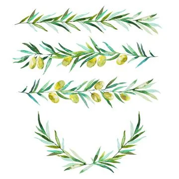 Seamless pattern with olive branches and olives. Watercolor hand drawing Stock Illustration