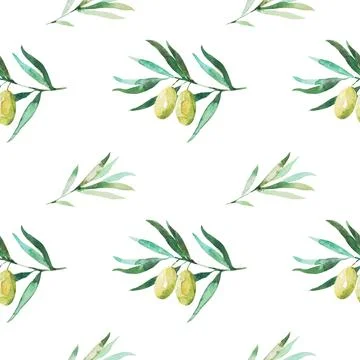 Seamless pattern with olive branches and olives. Watercolor hand drawing Stock Illustration