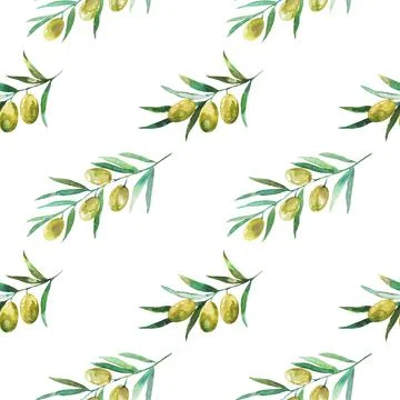 Seamless pattern with olive branches and olives. Watercolor hand drawing Illustrazione stock