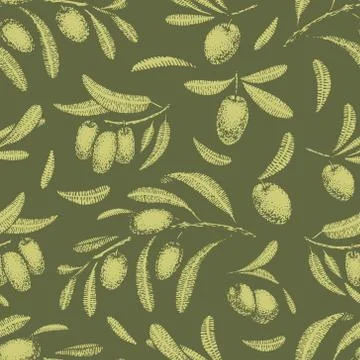 Seamless pattern with olive branches. Retro decorative texture background. .. Stock Illustration
