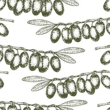 Seamless pattern with olive branches. Retro decorative texture background. .. Stock Illustration