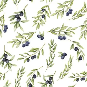 Seamless pattern with Olive branches watercolor drawing. Hand drawn illustration Illustrazione stock