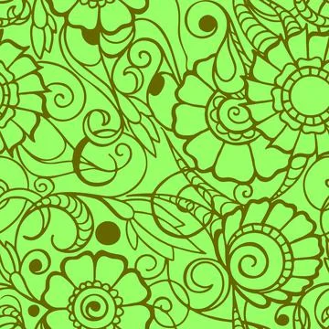 Seamless pattern of olive contours of flowers on a light green background Illustrazione stock