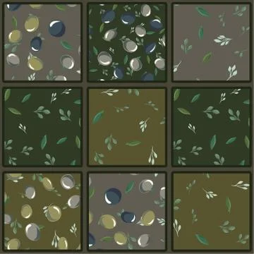 Seamless pattern with olive leaves and olives Stock Illustration