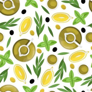 Seamless pattern with olive oil in a decanter, lemon slices, olives Stock-Illustration