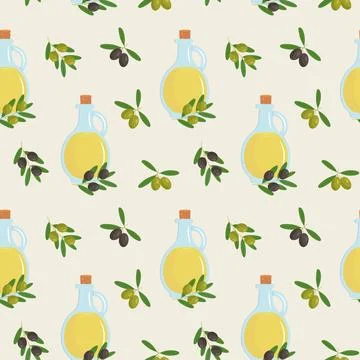 Seamless pattern with olive oil glass bottles, green and black olives Stock Illustration