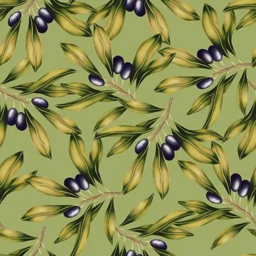 Seamless pattern with olive tree branch and leaves. Vivid print with beautiful Stock Illustration