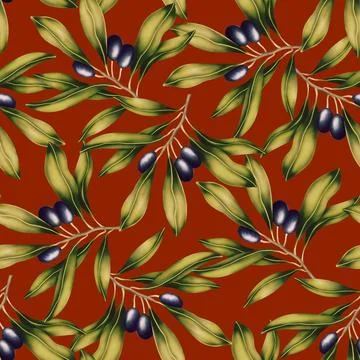 Seamless pattern with olive tree branch and leaves. Vivid print with beautiful Stock Illustration