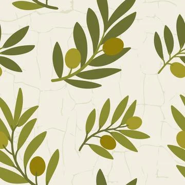 Seamless pattern of olive tree branches. Green and beige background for oil.. Stock Illustration