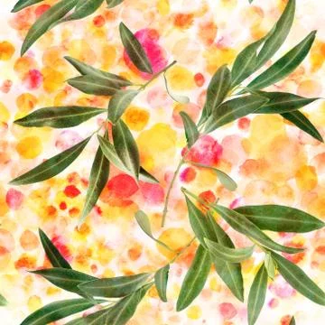 Seamless pattern of olive tree branches on watercolor texture Stock Photos