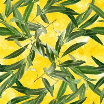 Seamless pattern with olive tree branches on golden yellow Stock Photos
