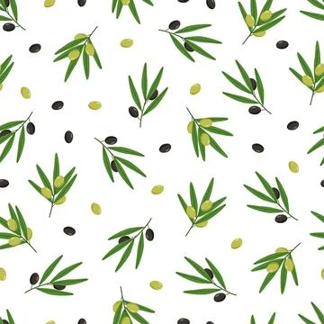 Seamless pattern of olive tree twigs and leaves and olive berries. Vector ill イラスト素材