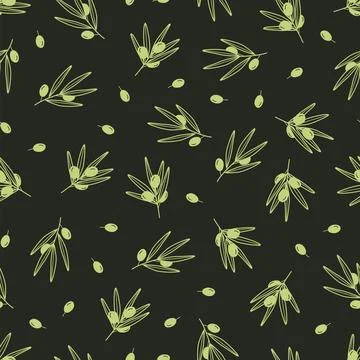 Seamless pattern of olive tree twigs and leaves and olive berries. Vector ill Stock Illustration
