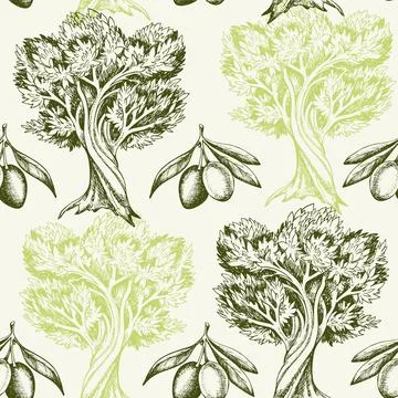 Seamless pattern with olives and olive tree. 스톡 일러스트