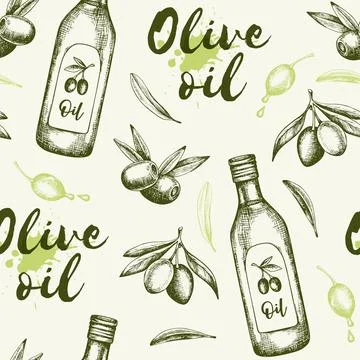 Seamless pattern with olives and olive oil. Stock Illustration
