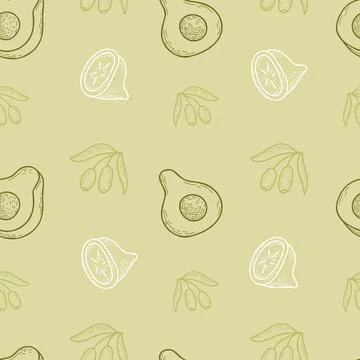 Seamless pattern. Olives, avocado and lemon on light green background. Vector il Illustrazione stock