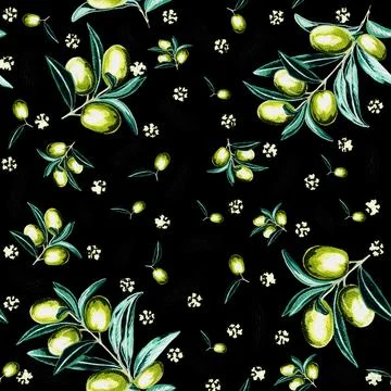 Seamless pattern with olives branch on a black background. Stock Illustration