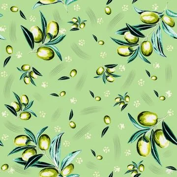 Seamless  pattern with olives on a branch green. Illustrazione stock
