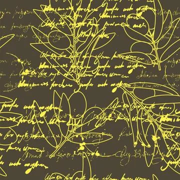 Seamless pattern olives branch, unreadable text, retro vintage Stock Illustration