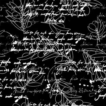 Seamless pattern olives branch, unreadable text, retro vintage イラスト素材