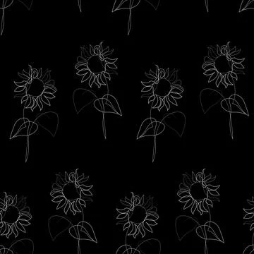 Seamless pattern with one line suflower doodles. Black floral background Stock Illustration
