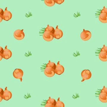 Seamless pattern of onion heads with green leaves. Vector illustration isolated Stock Illustration