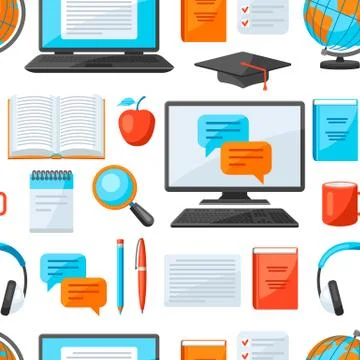 Seamless pattern with online studying at home items. Distance education. Stock Illustration