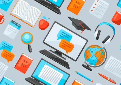 Seamless pattern with online studying at home items. Distance education. Illustrazione stock