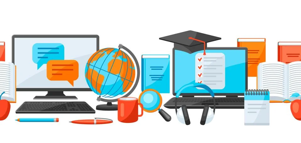 Seamless pattern with online studying at home items. Distance education. 스톡 일러스트
