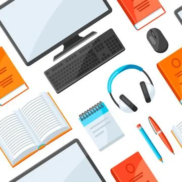 Seamless pattern with online studying at home items. Distance education. 스톡 일러스트